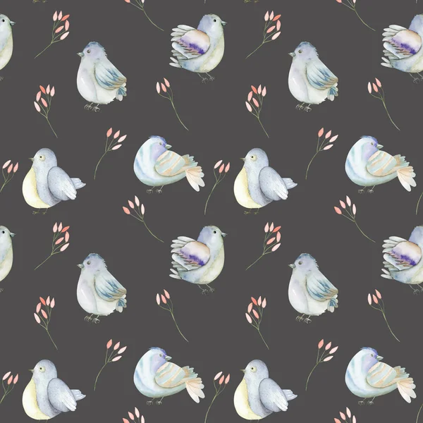 Nahtloses Muster der aquarellblauen Vögel und rosa Blütenzweige — Stockfoto