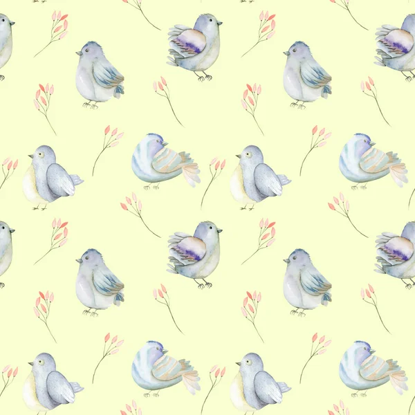 Naadloze patroon van de aquarel blauwe vogels en roze bloemen takken — Stockfoto