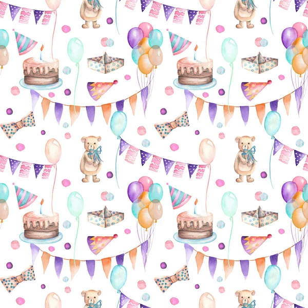 Безшовний партійний візерунок з гірляндою прапорів, конфетті, торта, повітряних кульок, луків та подарунків — стокове фото
