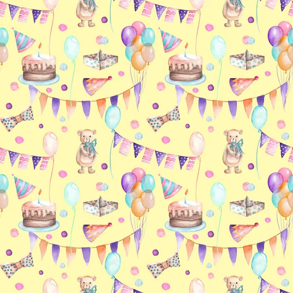 Seamless party pattern with garland of the flags, confetti, cake, air balloons, bows and gifts — Stock Photo, Image