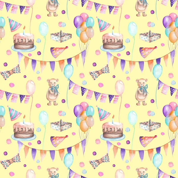 Seamless party pattern with garland of the flags, confetti, cake, air balloons, bows and gifts