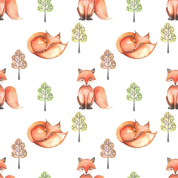 Seamless pattern with watercolor foxes and abstract trees