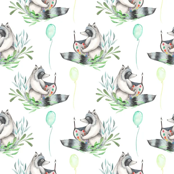 Patrón sin costuras con acuarela artista-mapache en plantas y globos de aire alrededor — Foto de Stock