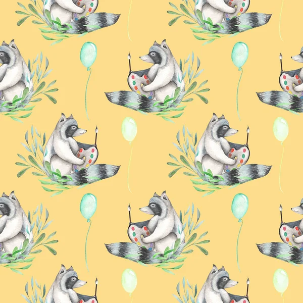 Patrón sin costuras con acuarela artista-mapache en plantas y globos de aire alrededor — Foto de Stock