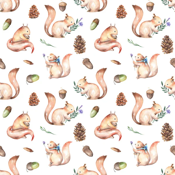 Seamless pattern with watercolor squirrels, fir cones and oak acorns — Stock Photo, Image