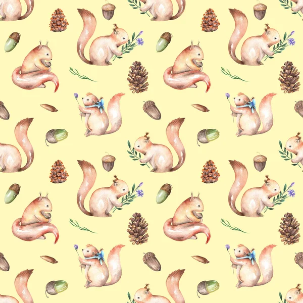 Seamless pattern with watercolor squirrels, fir cones and oak acorns — Stock Photo, Image