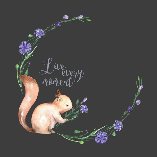 Illustration, wreath with watercolor squirrel and cornflowers — Stock Photo, Image