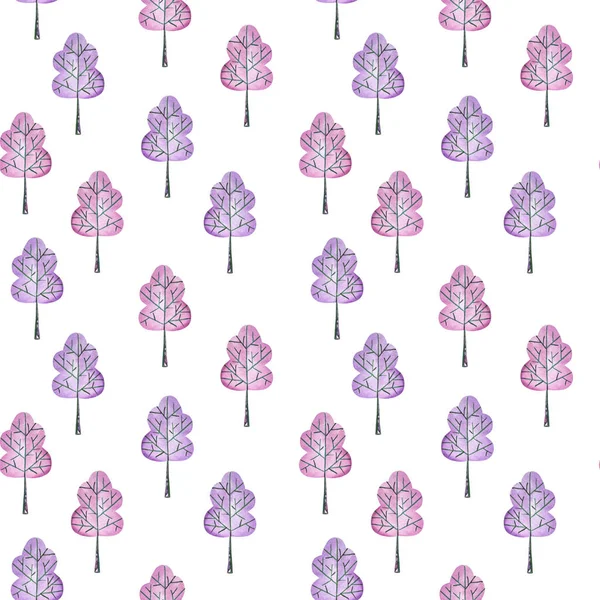 Seamless floral pattern with simple purple trees, hand drawn in watercolor — Stock Photo, Image