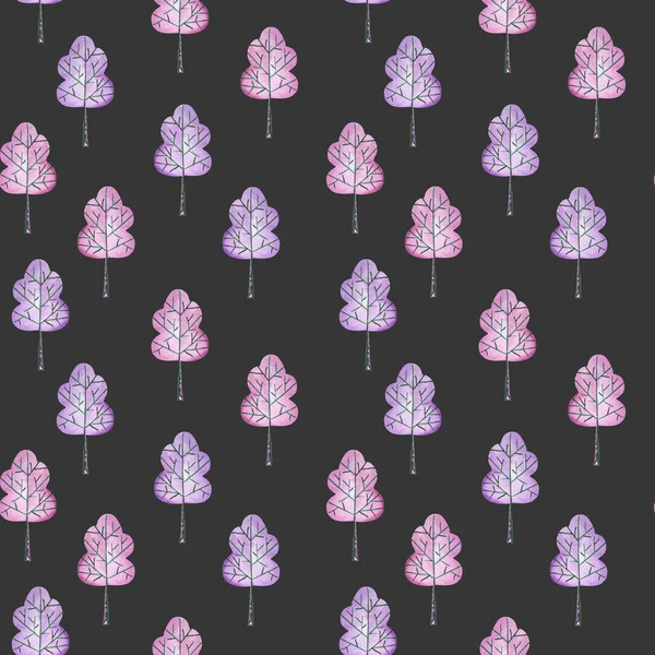 Varrat nélküli virágmintás egyszerű lila fák, kézzel rajzolt, akvarell — Stock Fotó