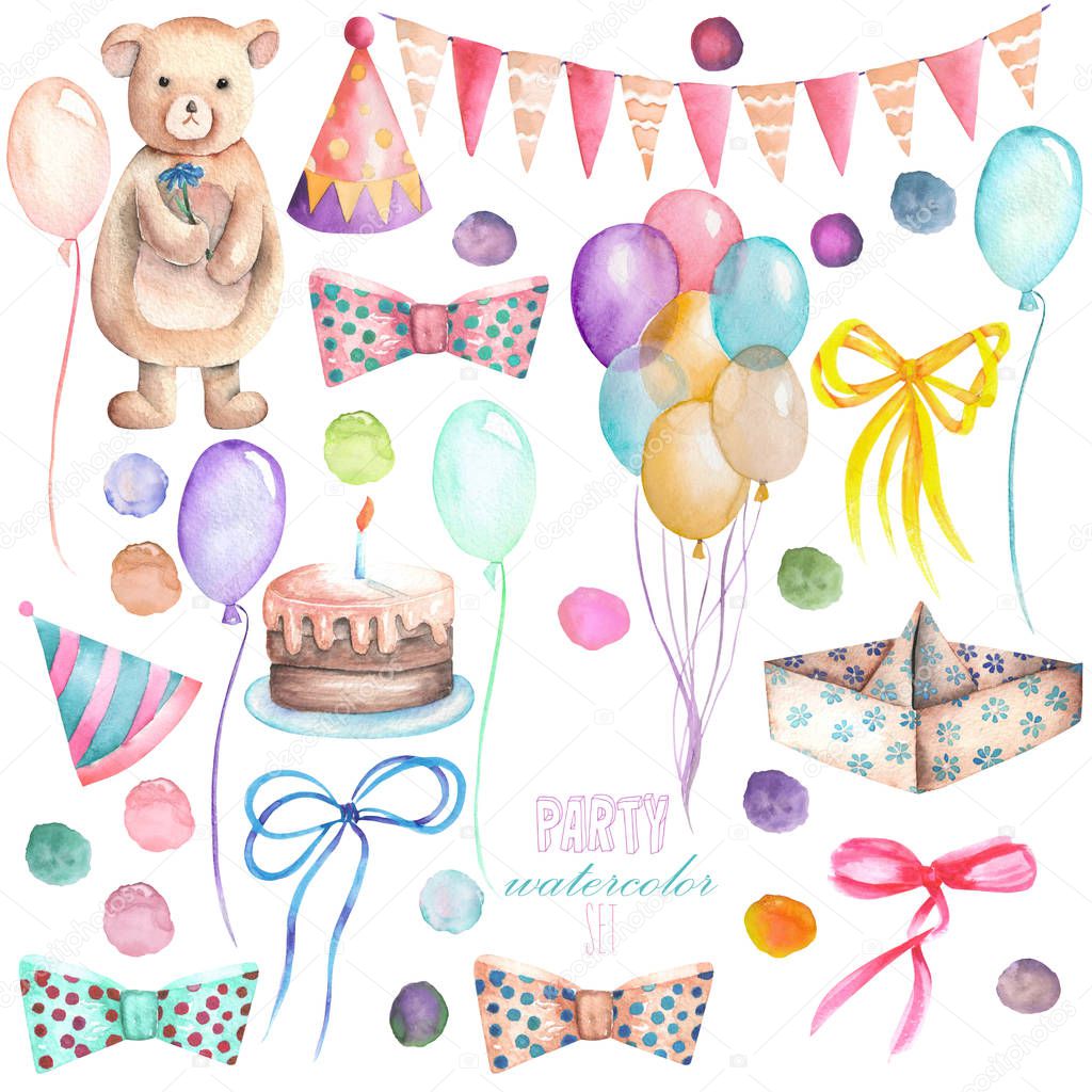 Watercolor party set in the form of isolated elements: garland of the flags, confetti, cake, air balloons, arrow, bows and gifts