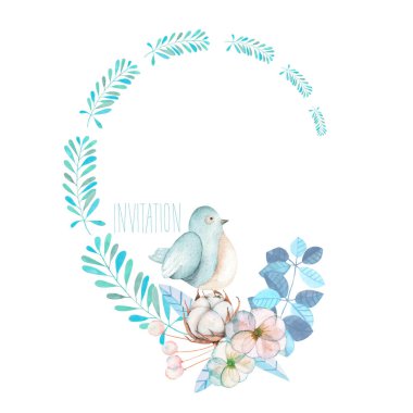 İllüstrasyon, çelenk suluboya şirin kuş, mavi bitki, çiçek ve pamuk çiçek, elle çizilmiş bir beyaz arka plan üzerinde izole.