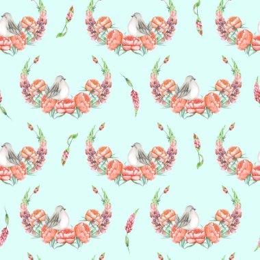 Dikişsiz desen suluboya şirin kuş, kırmızı peonies ve acı bakla çiçekler ile mavi bir arka plan üzerinde elle çizilmiş izole