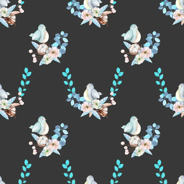 Motif sans couture avec aquarelle oiseau mignon, plantes bleues, fleurs et fleur de coton, dessiné à la main isolé sur un fond sombre — Photo