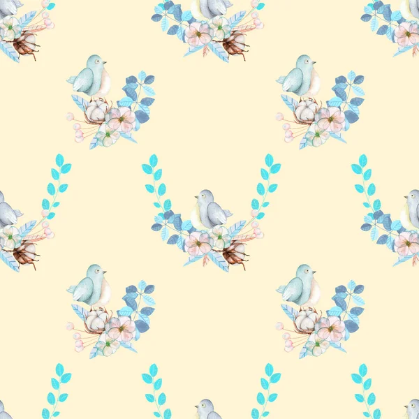 Motif sans couture avec aquarelle oiseau mignon, plantes bleues, fleurs et fleur de coton, dessiné à la main isolé sur un fond crème — Photo