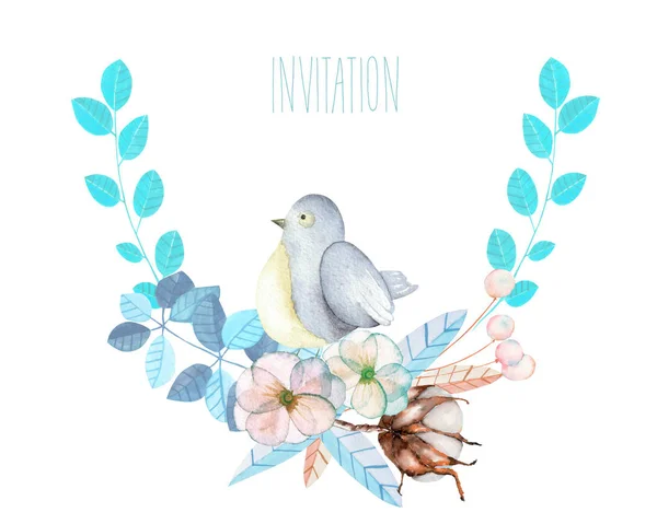 Illustration, couronne avec aquarelle oiseau mignon, plantes bleues, fleurs et fleur de coton, dessiné à la main isolé sur un fond blanc — Photo