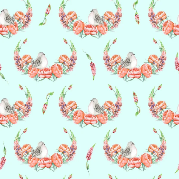 Seamless pattern with watercolor cute bird, red peonies and lupine flowers, hand drawn isolated on a blue background — Stock Photo, Image