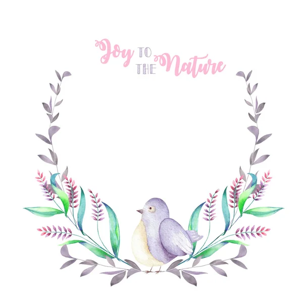 Illustration, wreath with watercolor cute bird, purple forest plants, hand drawn isolated on a white background — Stock Photo, Image