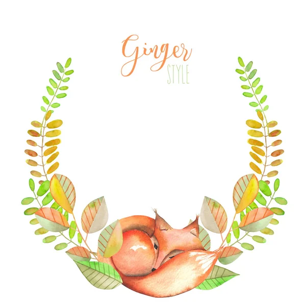 Illustrazione, corona con volpe acquerello, piante verdi e arancioni, disegnata a mano isolata su fondo bianco — Foto Stock