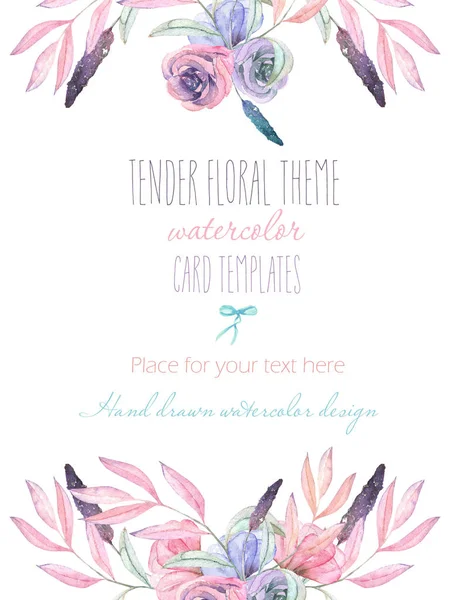 Modelo cartão postal com flores concurso aquarela e folhas em tons pastel, desenhado à mão sobre um fundo branco — Fotografia de Stock