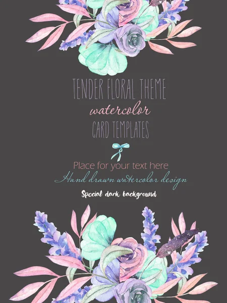 Πρότυπο καρτ ποστάλ με με ακουαρέλα τρυφερά λουλούδια και τα φύλλα σε παστέλ αποχρώσεις, χέρι σε σκούρο φόντο — Φωτογραφία Αρχείου