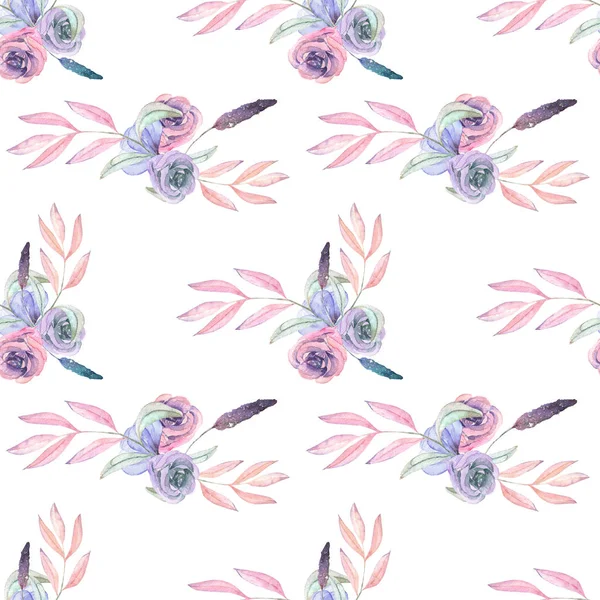 Seamless pattern with isolated watercolor floral bouquets from tender flowers and leaves in pink and purple pastel shades — Stock Photo, Image