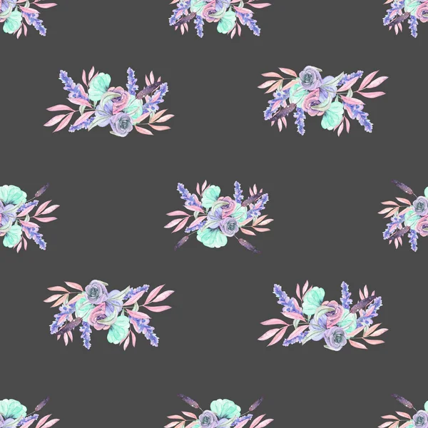 Seamless pattern with isolated watercolor floral bouquets from tender flowers and leaves in pink, mint and purple pastel shades — Stock Photo, Image