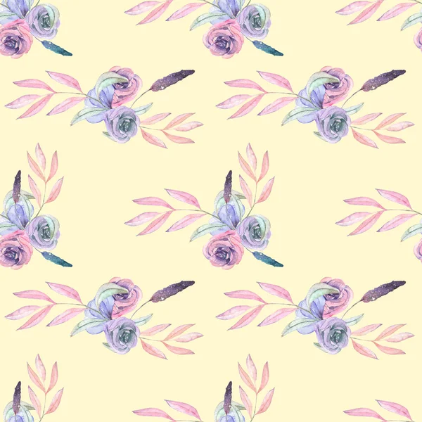 Nahtloses Muster mit isolierten Aquarell-Blumensträußen aus zarten Blüten und Blättern in rosa und lila Pastelltönen — Stockfoto