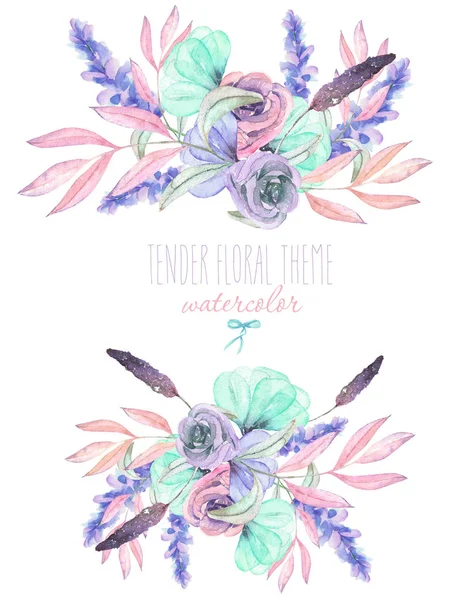 Set con mazzi di fiori ad acquerello isolati da teneri fiori e foglie in tonalità rosa, menta e viola pastello — Foto Stock
