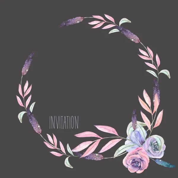 Cerchio cornice, bordo, ghirlanda con acquerello teneri fiori e foglie in tonalità pastello — Foto Stock