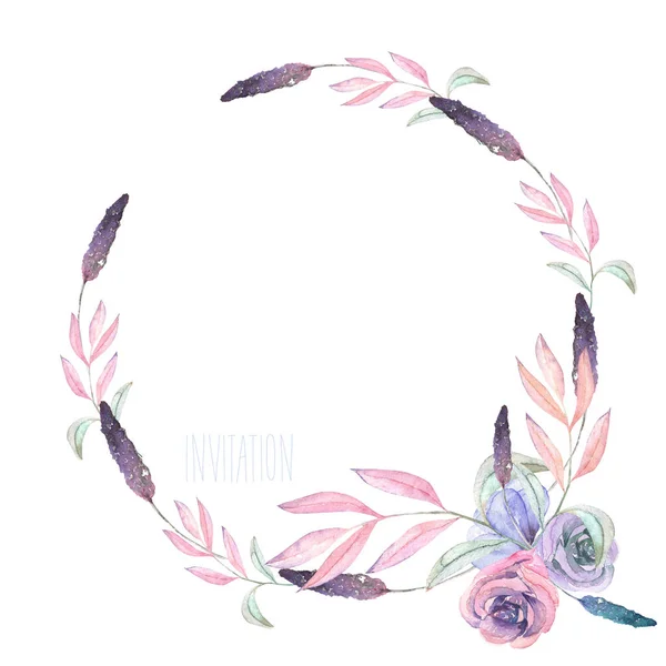 Circle frame, border, wreath with watercolor tender flowers and leaves in pastel shades — Stock Photo, Image