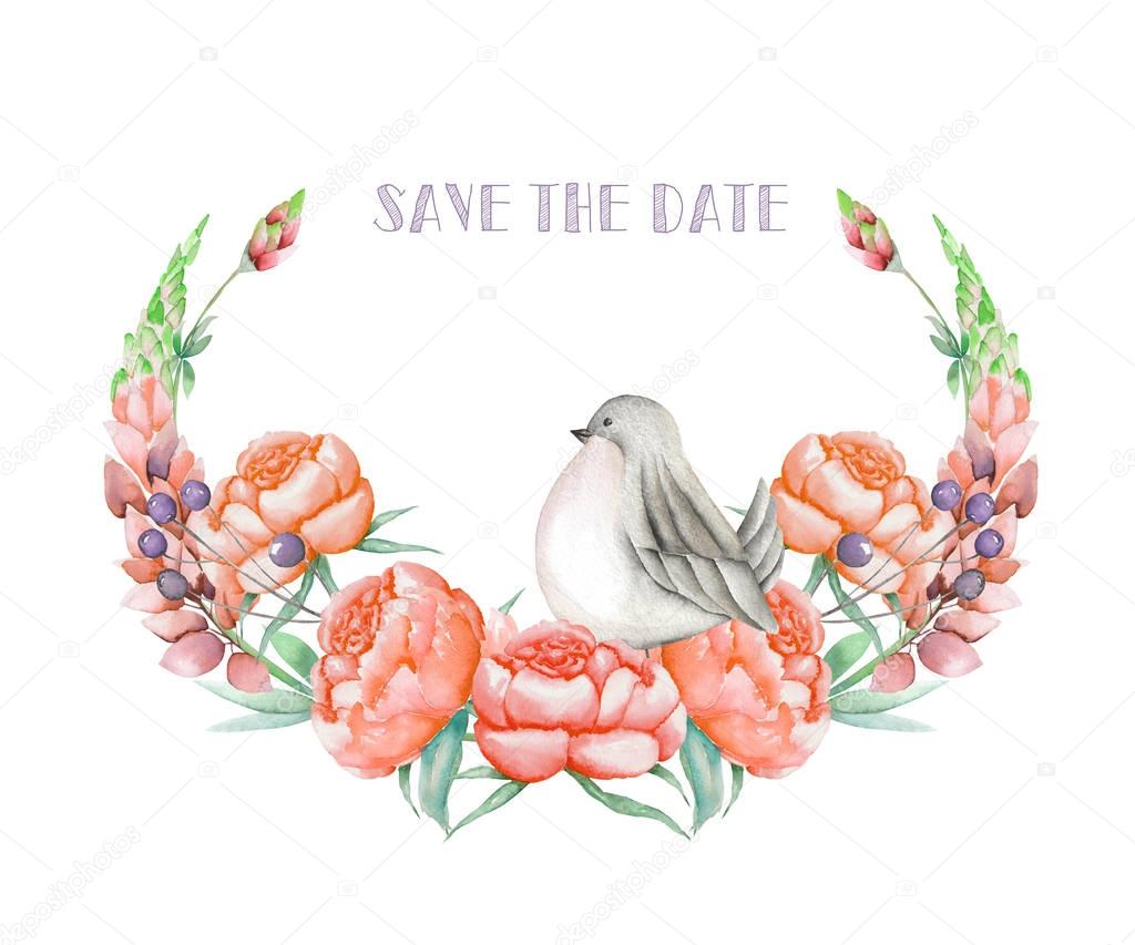 Illustration, wreath with watercolor cute bird, red peonies and lupine flowers, hand drawn isolated on a white background