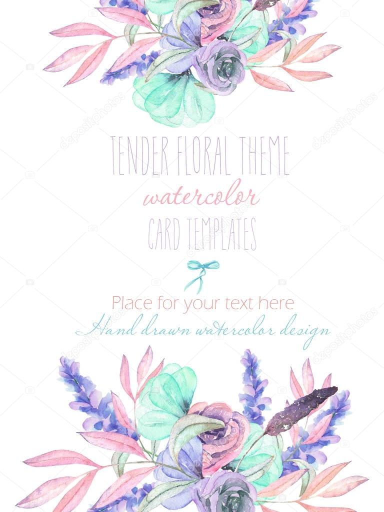 Template postcard with with watercolor tender flowers and leaves in pastel shades, hand drawn on a white background