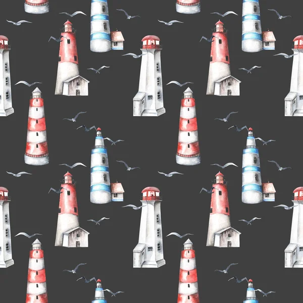水彩の灯台とカモメのシームレス パターン — ストック写真