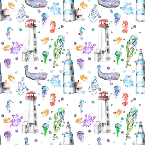 Varrat nélküli mintát akvarell elemekkel, a tengeri téma: világítótornyok, bálnák, Tűhalfélék, medúzákat, és más tengeri elemek — Stock Fotó