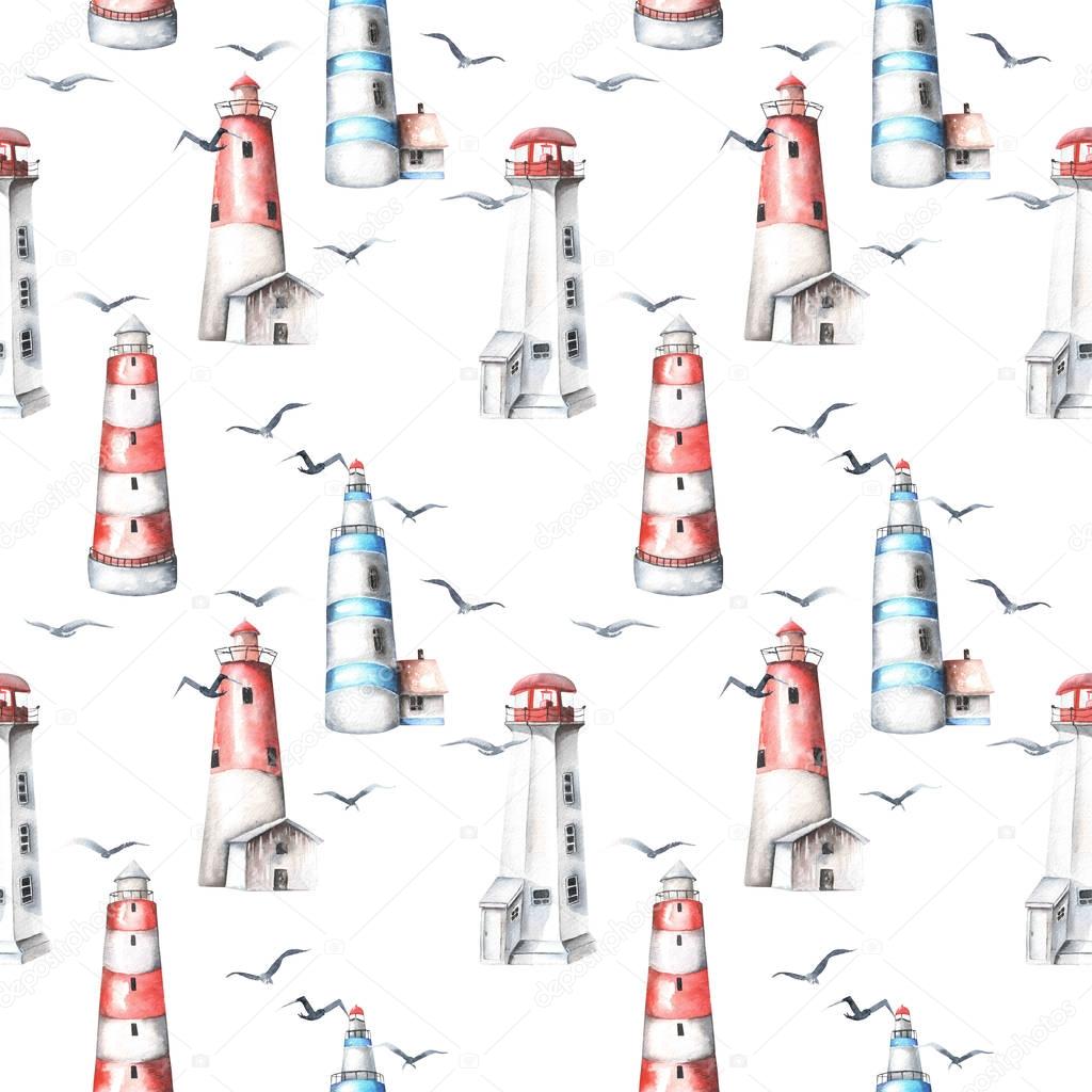 Seamless pattern with watercolor lighthouses and seagulls