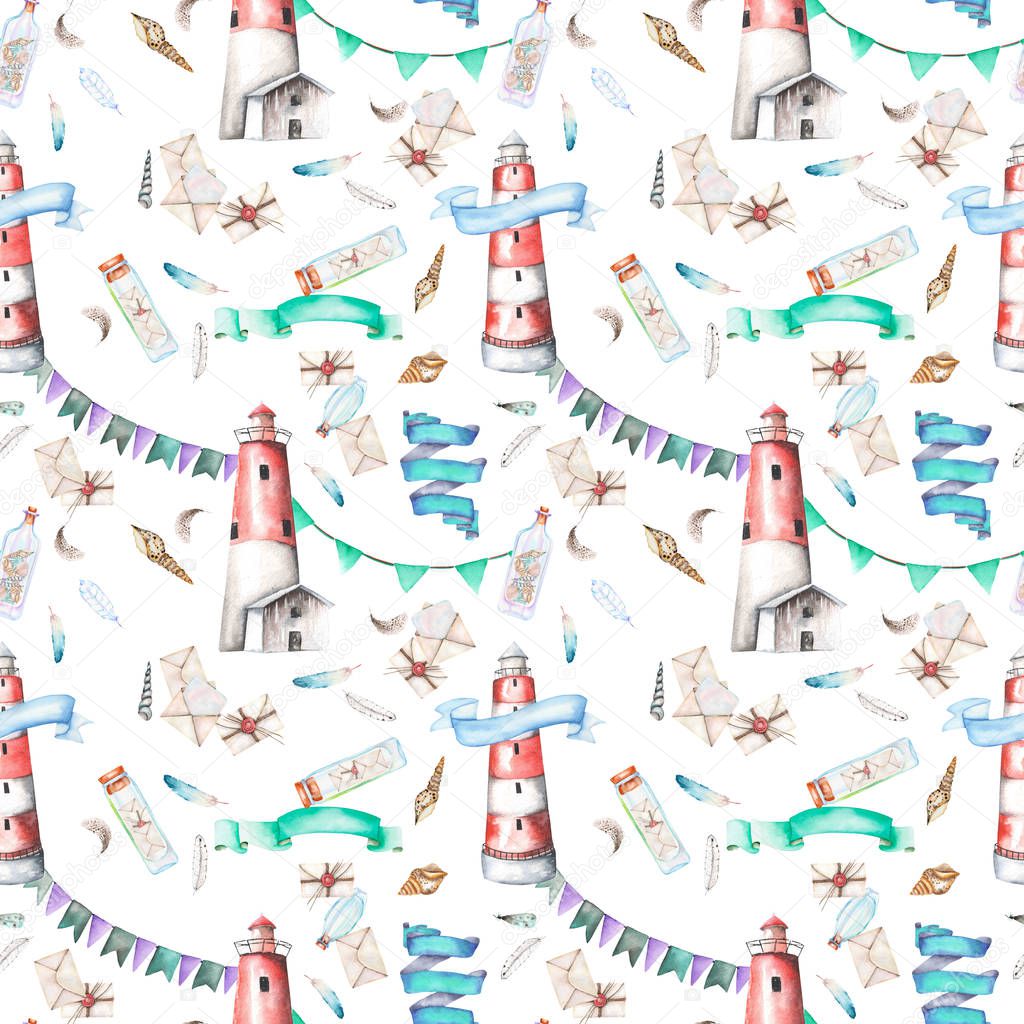 Seamless pattern with watercolor elements to the marine theme: lighthouse, shells, flags, seagulls, letters and others