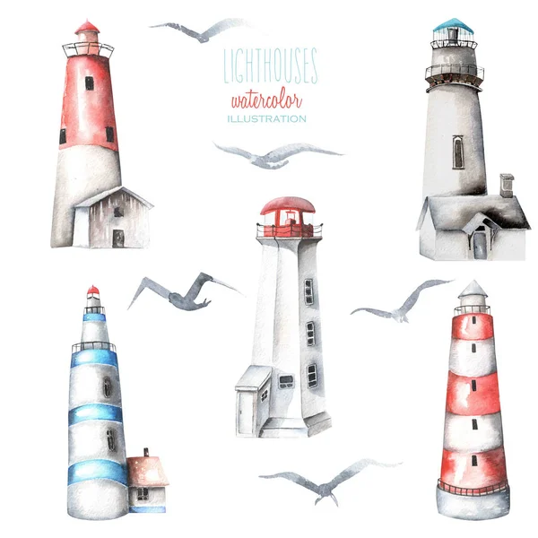 Ілюстрація з акварельними маяками і чайками — стокове фото