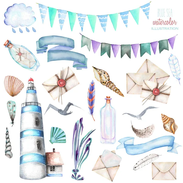 Set of watercolor elements to the marine theme: lighthouse, shells, flags, seagulls, letters and others — Stock Photo, Image