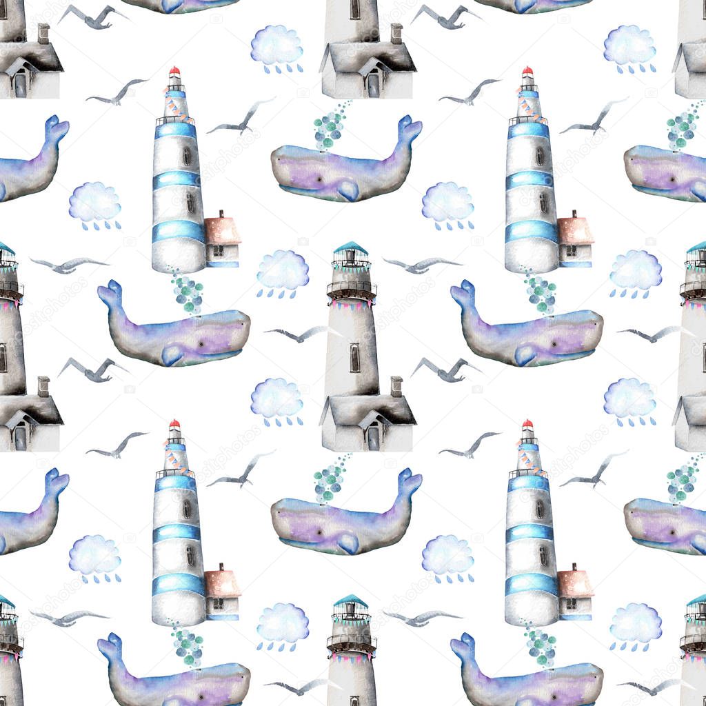 Seamless pattern with watercolor lighthouses, seagulls, whales and rain clouds