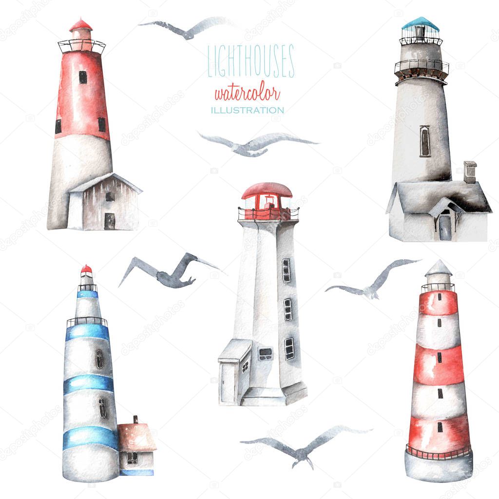Illustration with watercolor lighthouses and seagulls