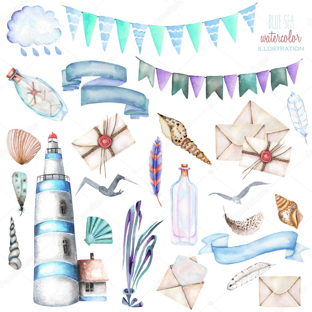 Set of watercolor elements to the marine theme: lighthouse, shells, flags, seagulls, letters and others