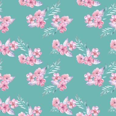 İhale Pembe çiçek ve yaprak suluboya çiçek buketleri ile Seamless Modeli