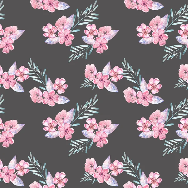 İhale Pembe çiçek ve yaprak suluboya çiçek buketleri ile Seamless Modeli