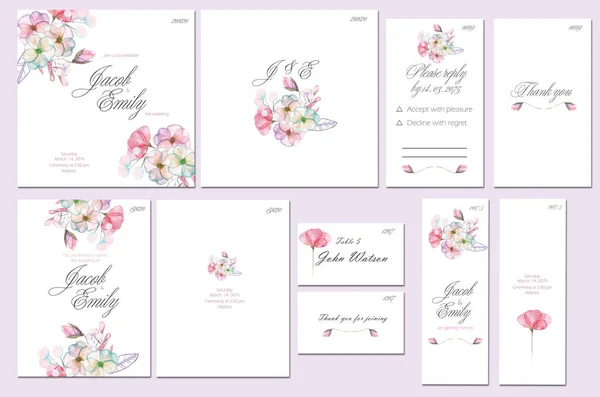 Шаблони наборів з акварельними рожевими та фіолетовими квітами — стокове фото