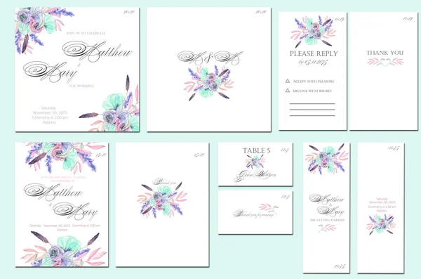 Шаблонні картки, встановлені з акварельними рожевими і синіми квітами — стокове фото
