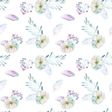 Suluboya ihale nane ve mor çiçekler ve bitkiler ile Seamless Modeli