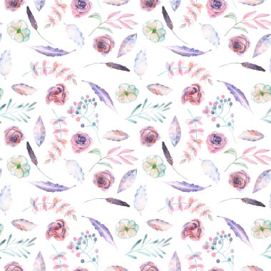 Sulu boya pembe ve mor çiçek ve yaprakları ile sorunsuz çiçek desenli