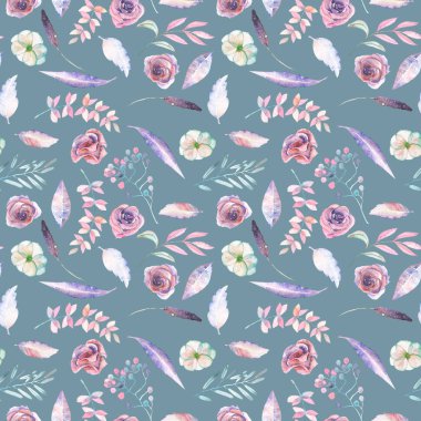 Sulu boya pembe ve mor çiçek ve yaprakları ile sorunsuz çiçek desenli