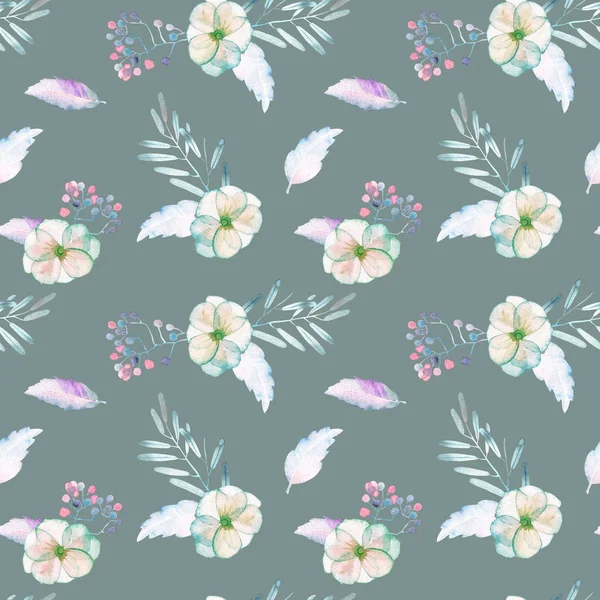 Seamless pattern with watercolor tender mint and purple flowers and plants — Stock Photo, Image