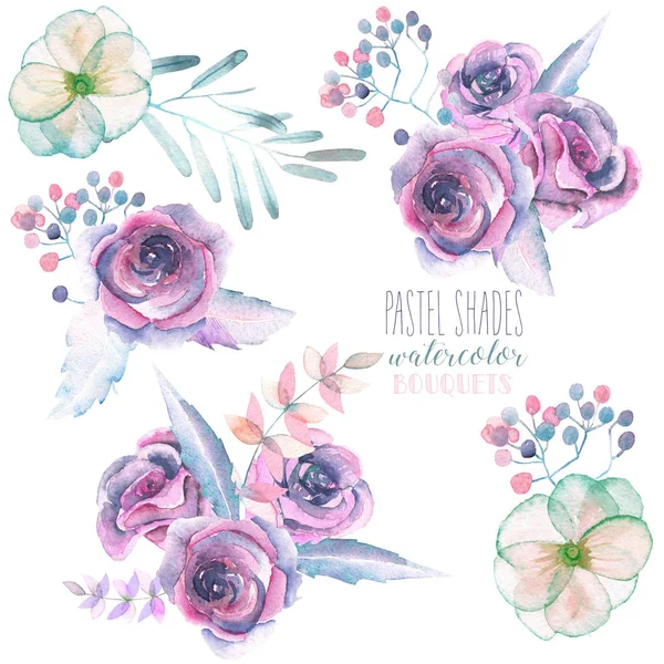 Set with isolated watercolor floral bouquets from purple roses and leaves — Stock Photo, Image